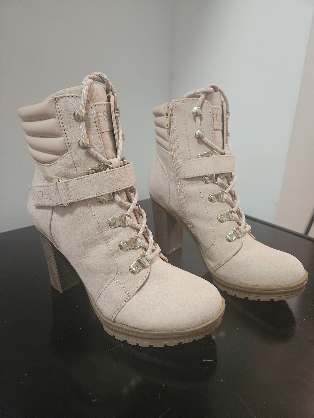 GUESS Blush Pink Suede Lace-Up Block Heel Booties 6.5